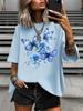 Fashion Blue Butterfly Flower Print Summer Women's Plus Size T-Shirt Women's Casual Crew Neck Short Sleeved Tops
