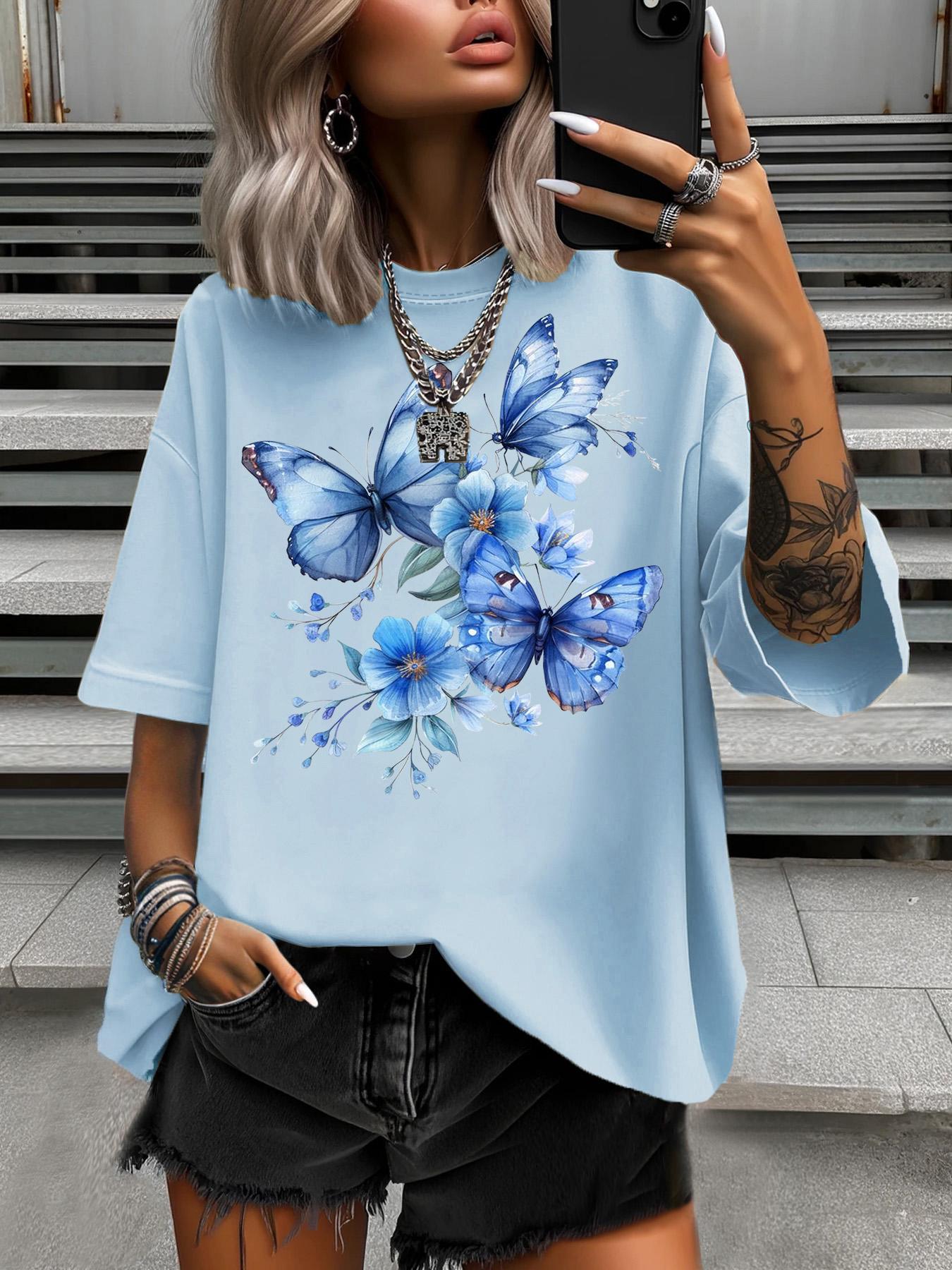 Fashion Blue Butterfly Flower Print Summer Women s Plus Size T-Shirt Women s Casual Crew Neck Short Sleeved Tops S