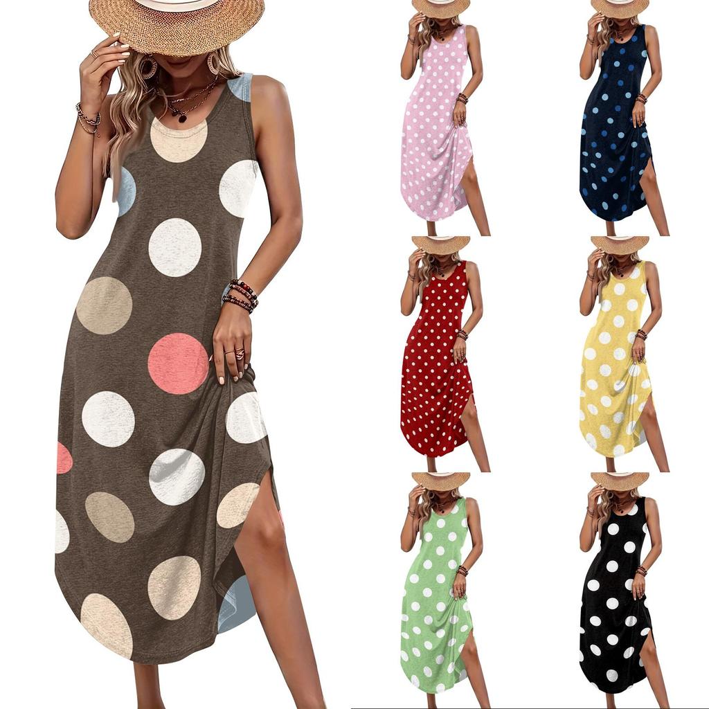 Women Sleeveless Maxi Dress Loose Fit Casual Polka Dot Print Long Dress Side Slit Summer Beachwear Comfortable Lightweight
