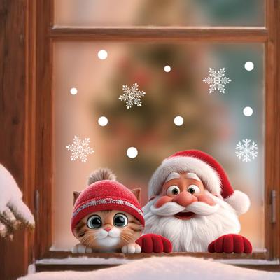 Kočka Santa Clause Samolepka na okno Odnímatelná Vodotěsná PVC Zimní Veselé Vánoce Statická Skleněná Samolepka Sváteční Párty Dekorace Nálepka