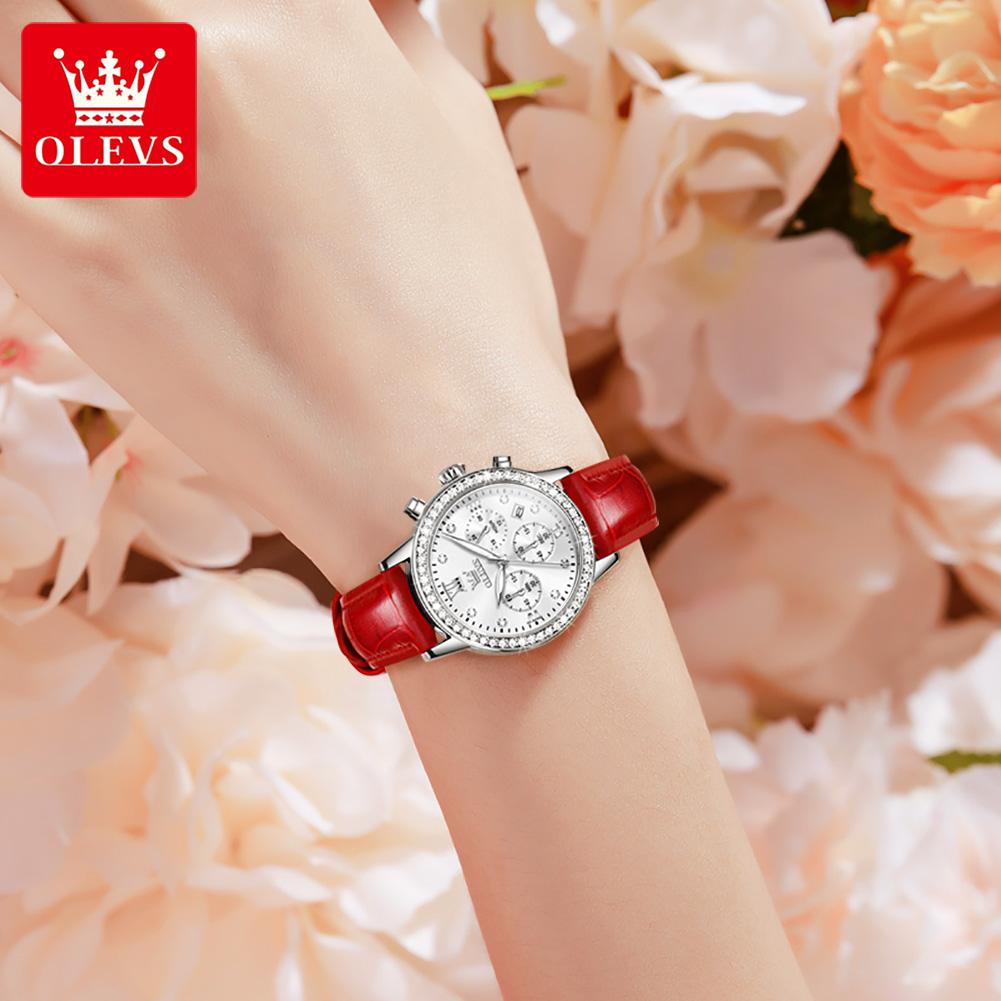 OLEVS 9933 Quarz-Armbanduhr für Damen Datum Wasserdicht Leuchtzeiger Lederarmband Chronograph Original Damen-Armbanduhr
