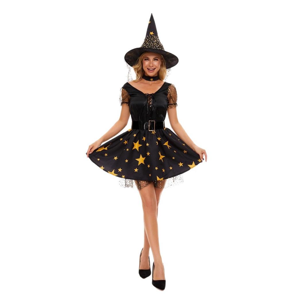 Halloween adult horror show costumes, jack-o-lantern witches, evil witches, star print dresses