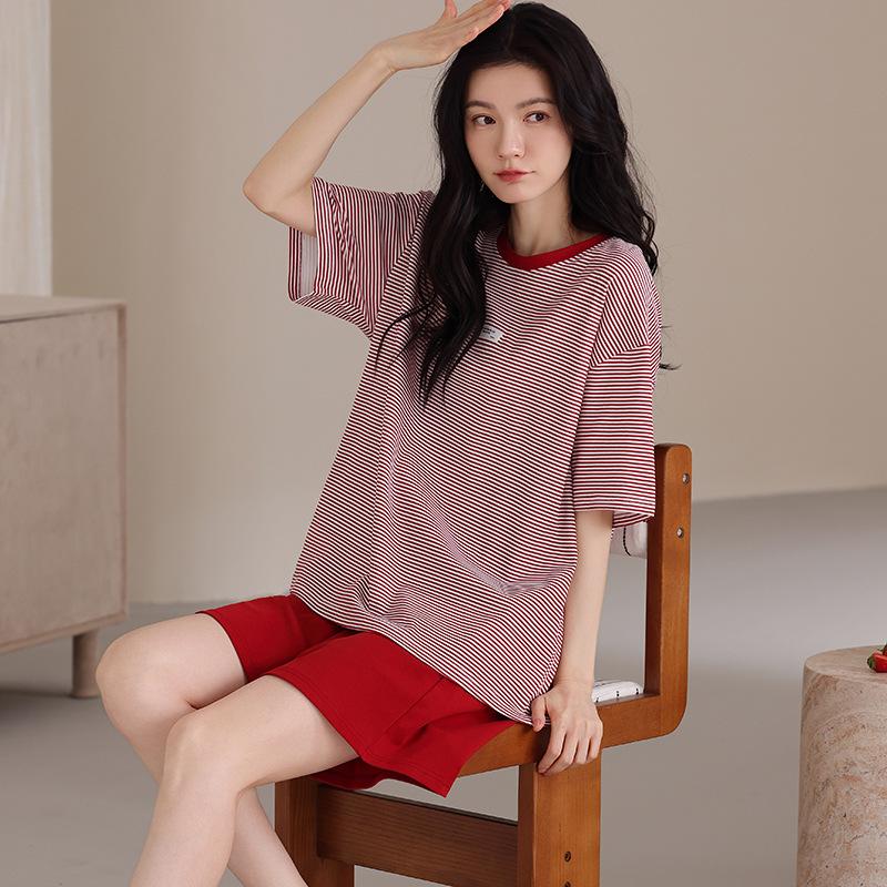 Pajamas Women's Summer Cotton Short Sleeve Shorts Fashion Stripes Slack Women's Casual Thin Loungewear