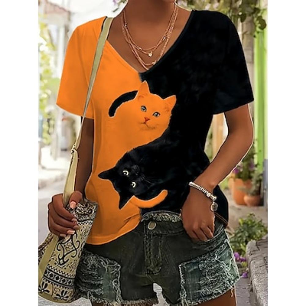 

Женская футболка базовая повседневная колор-блок принт кошки короткий рукав обычная топы V-образный вырез на каждый день черная белая синяя оранжевая лето 2XL