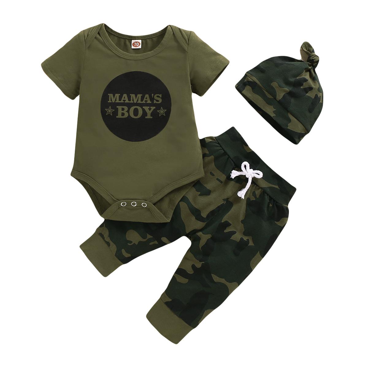 0-18 Months Newborn Baby Boy Clothes Set Letter Print Short Sleeve Bodysuit+Camouflage Pants+Hat 3PCS Toddler Boy Summer Outfits 0-3M оливковое зеленый