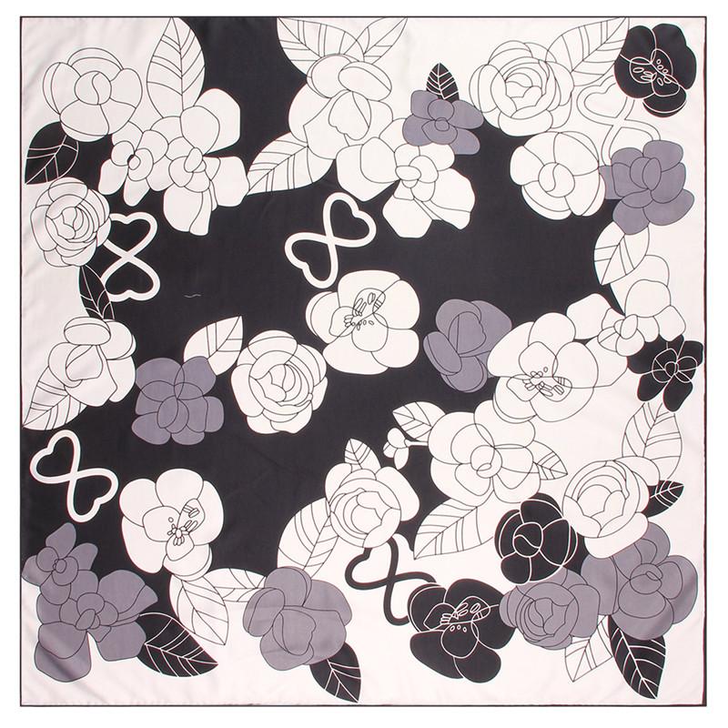 Manual Hand Rolled Twill Silk Scarf Women Floral Print Square Scarves Wraps Echarpe Curled Foulards Femme Bandana Hijabs 90CM