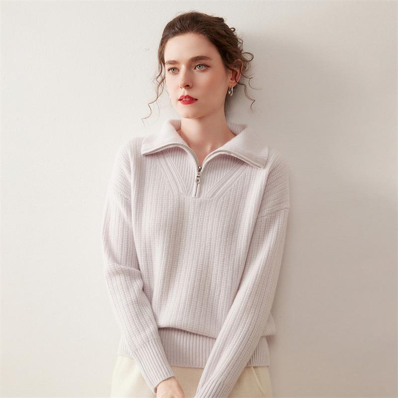Women's Cashmere Lapel Knitwear: Autumn/Winter Half-Zip Loose Pullover, Versatile Lazy Style Top.