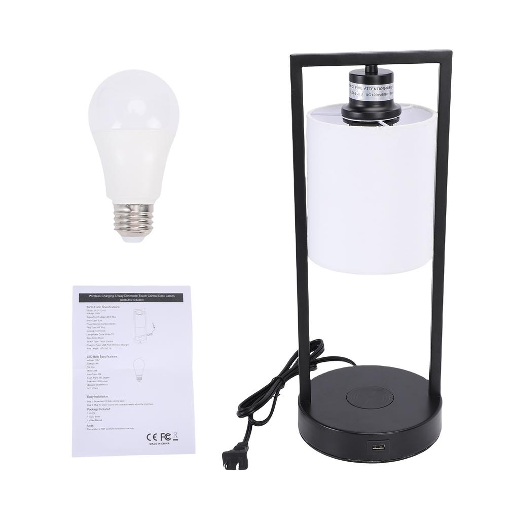 Bedside Light Touch Control Table Lamp with Smartphone Wireless Charging 3 Adjustable Brightness Levels USB Port Fabric