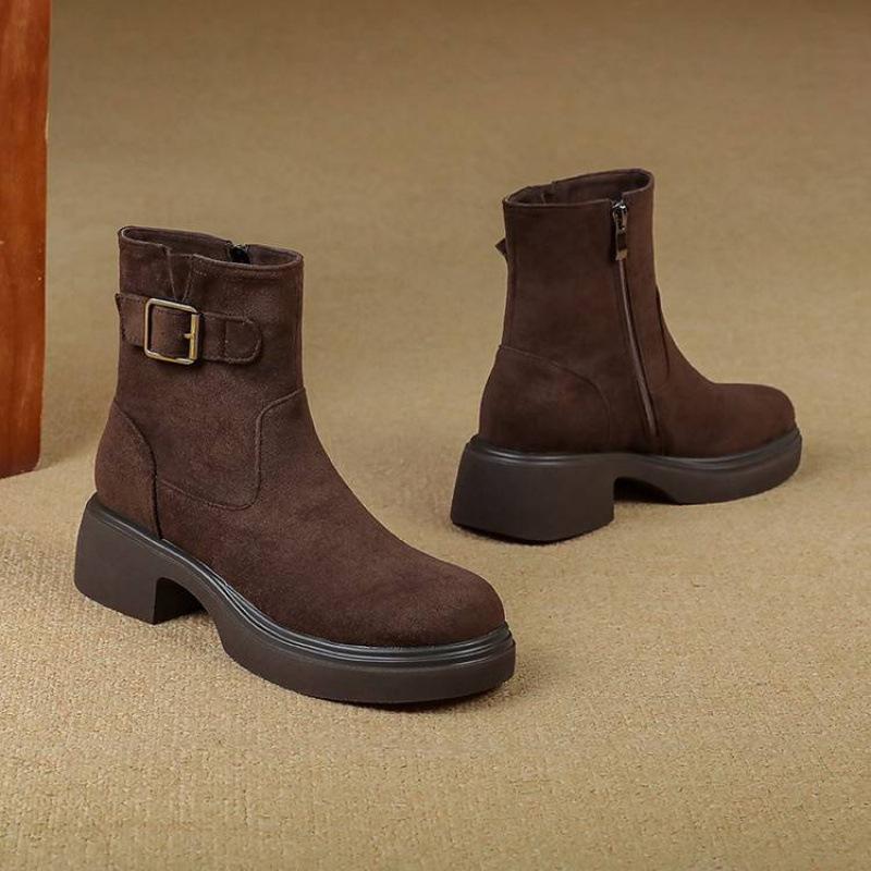 Autumn and Winter Women's Thick-soled Large-size Medium Boots Solid Color Round Head Medium Heel Non-slip Square Heel Side Zipper New Martin Boots
