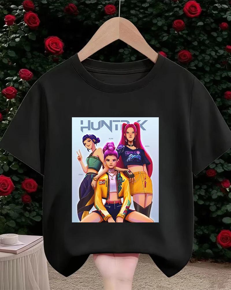 Lovely Cute Kpop Demon Hunters Pattern Kids T Shirt Soft Lightweight Short Sleeve Daily School Casual Round Neck Apparel