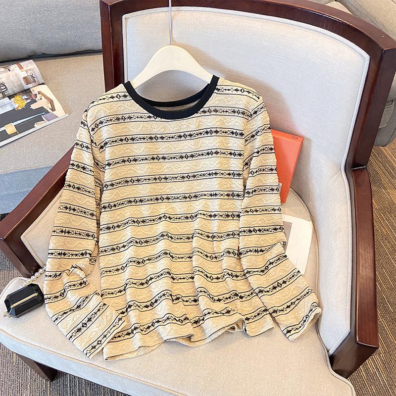 

Полосатая футболка большого размера с вырезом-пузырем, длинным рукавом и воротником на спине 3XL абрикосовый