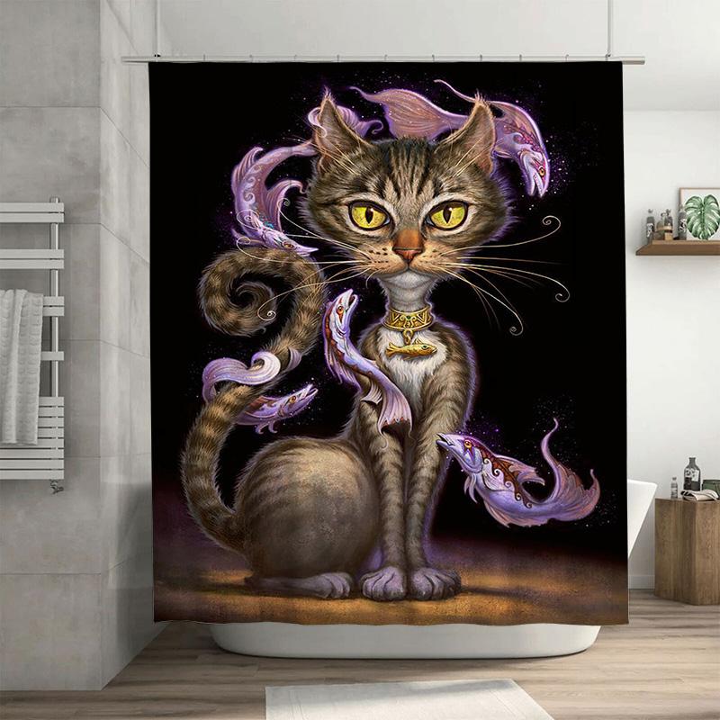 

Fantasy Cat Shower Curtain With Magic Fish Design Decorative Bathroom Waterproof Fabric Backdrop Dark Green Background Metallic W60H190(CM)-1 Pcs