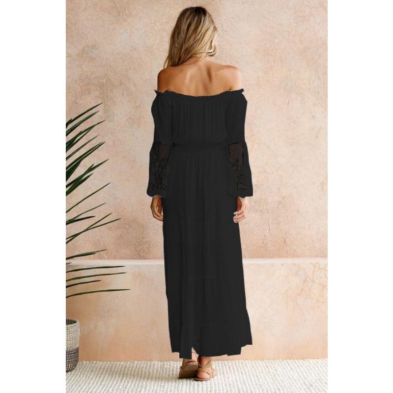 Women's White Chiffon Lace Jacquard Off-Shoulder Evening Gown - Elegant Long Dress for Wedding & Formal Events