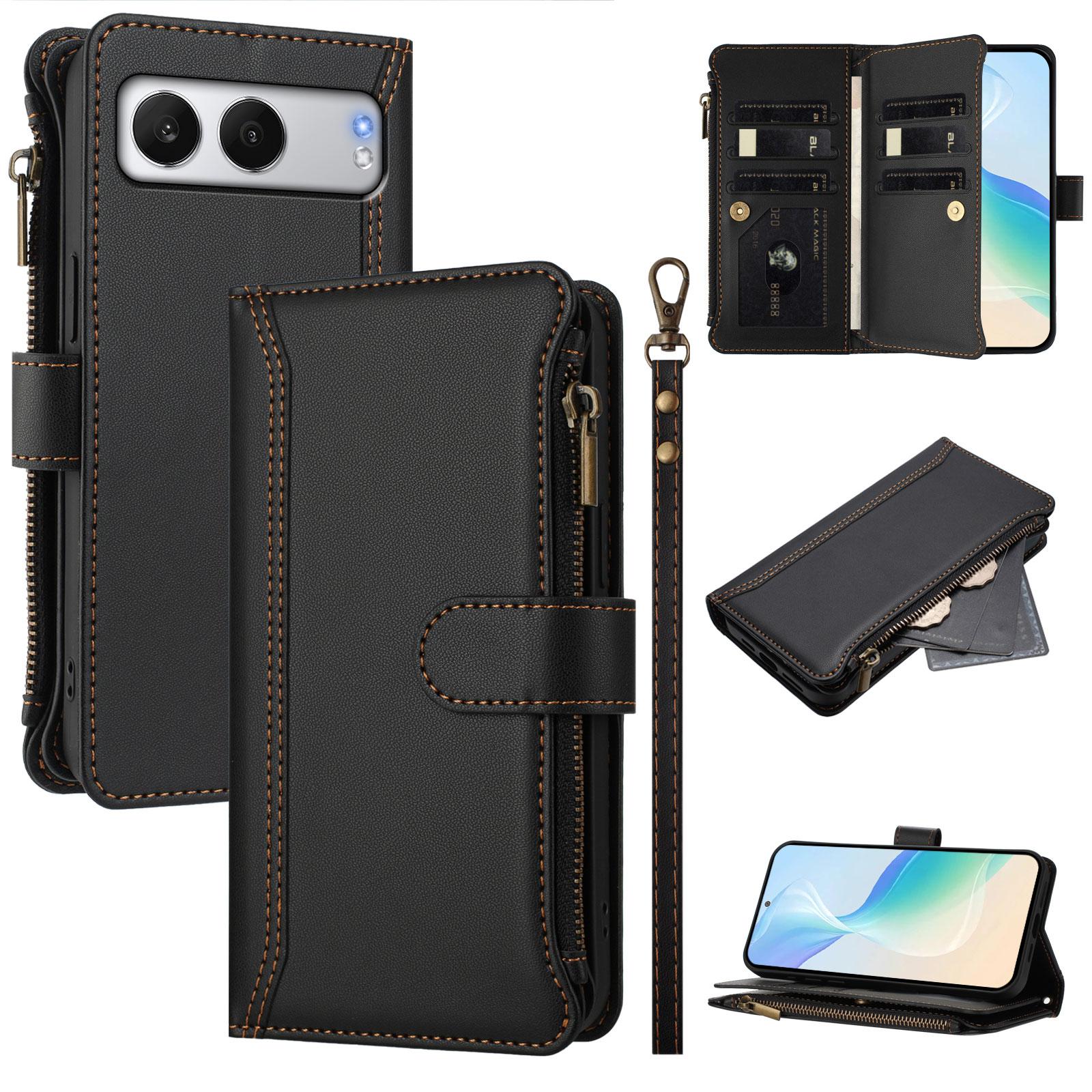 

For OnePlus Nord 4 Leather Case 9 Card Slots Zipper Wallet Stand Phone Cover with Wrist Strap Black