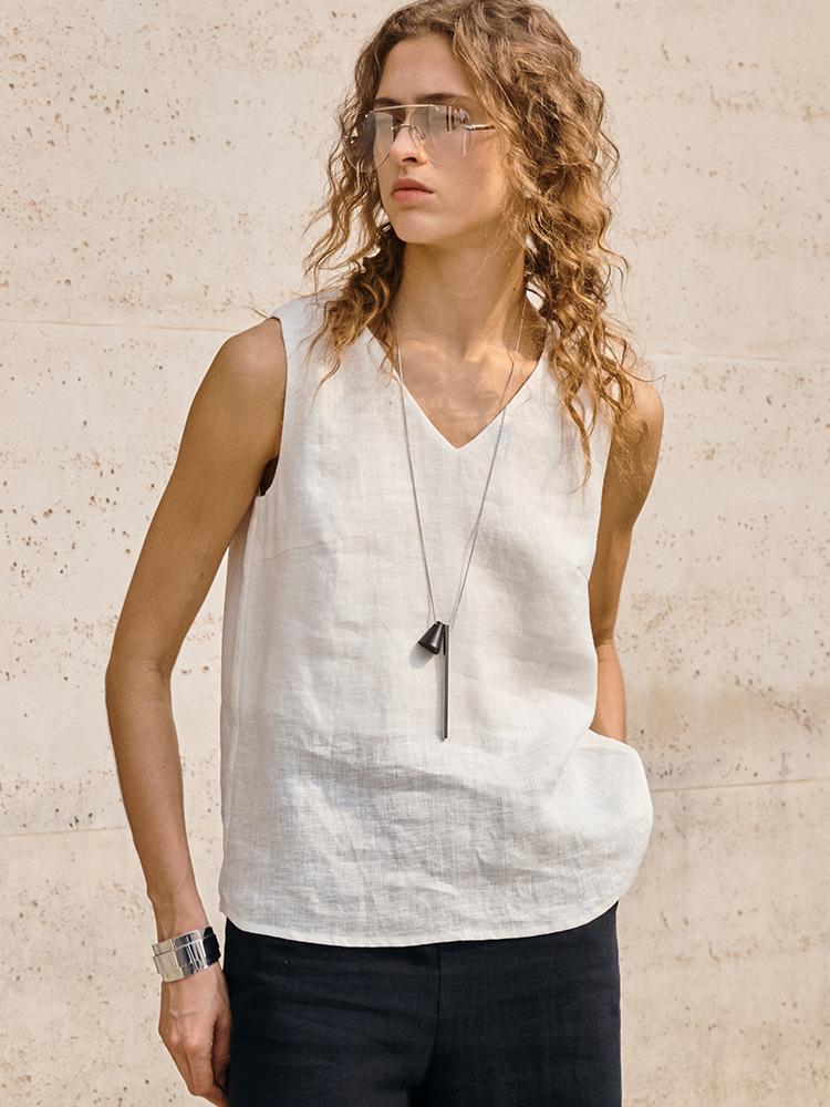 Old Money Style Linen Vest V-neck Shirt Women, Summer Versatile Commuting Cool Sleeveless Top
