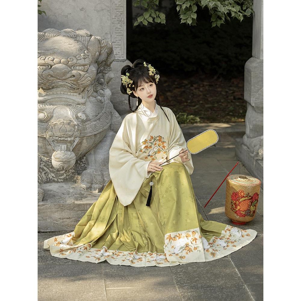 Chinesischer Ming-Dynastie-Stil Hanfu Rundhalsrobe Pipa-Ärmel Pferdegesicht-Rock Anzug für Frauen