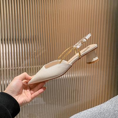 2025 Sommer neue hochhackige Tasche Kopf spitz modische Sandalen Damen dicker Absatz Damen Ein-Wort-Schnalle mittlerer Absatz einzelne Schuhe