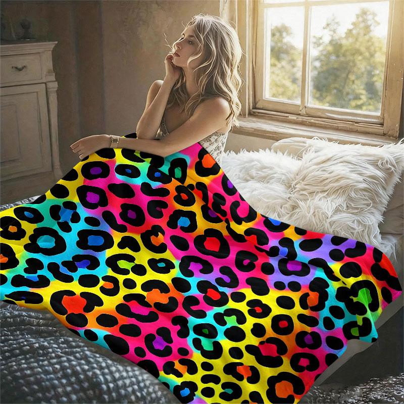 Neon Rainbow Leopard Flannel Blanket Warm Soft Halloween Christmas Decorative Couch Warm Cozy All-Season Gift