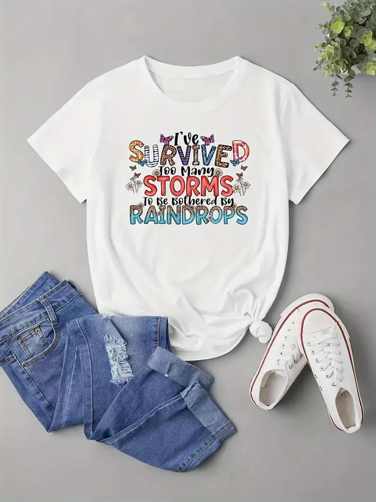 Plus Size Colorblock Letter Print T-Shirt Casual Short Sleeve Top For Spring & Summer Women's Plus Size Clothing