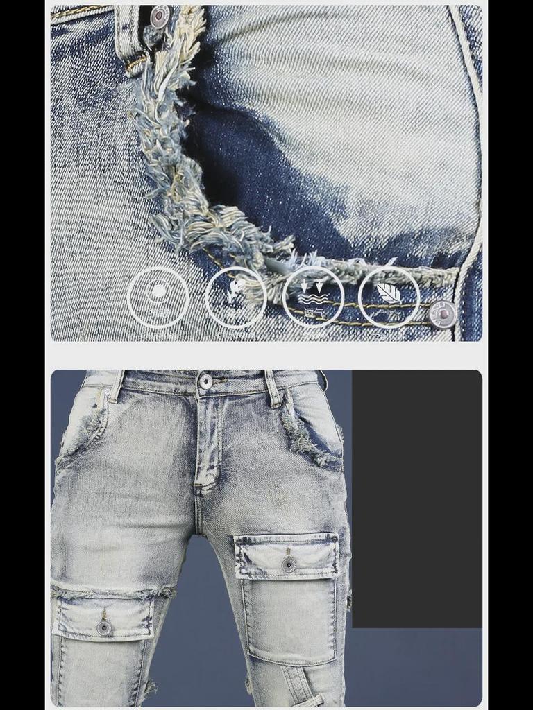 Men's American Retro Washed Slim Fit Workwear Jeans - Skinny, Scraped Edge for Spring & Autumn
