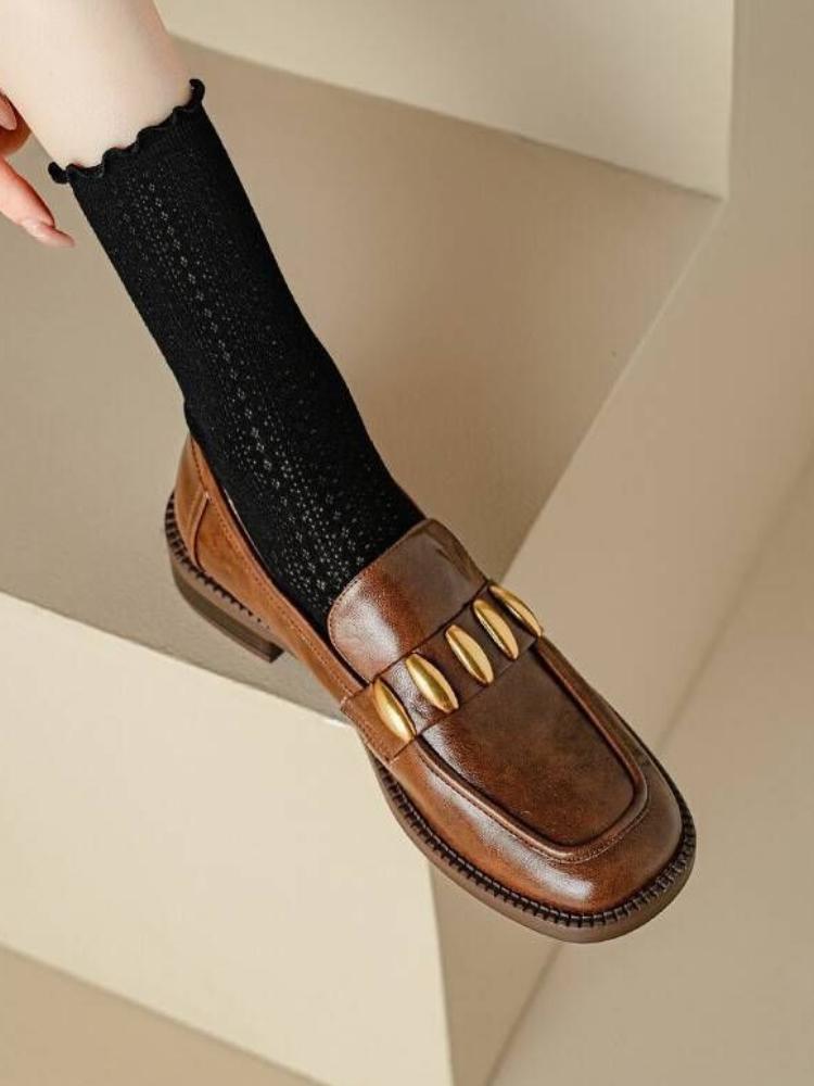 British Style Vintage Slip on Loafers for Women 2025 Spring and Autumn Soft Leather Square Toe Chunky Heel Loafers Shoes