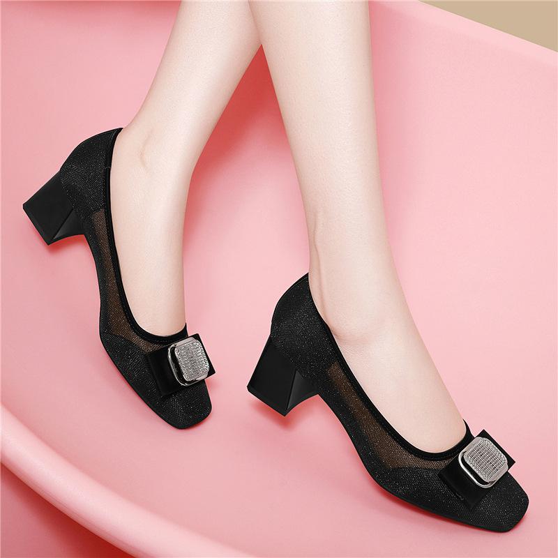 New square head light mouth breathable mesh leather single shoes solid color square heel large size low heel spring and summer women's shoes
