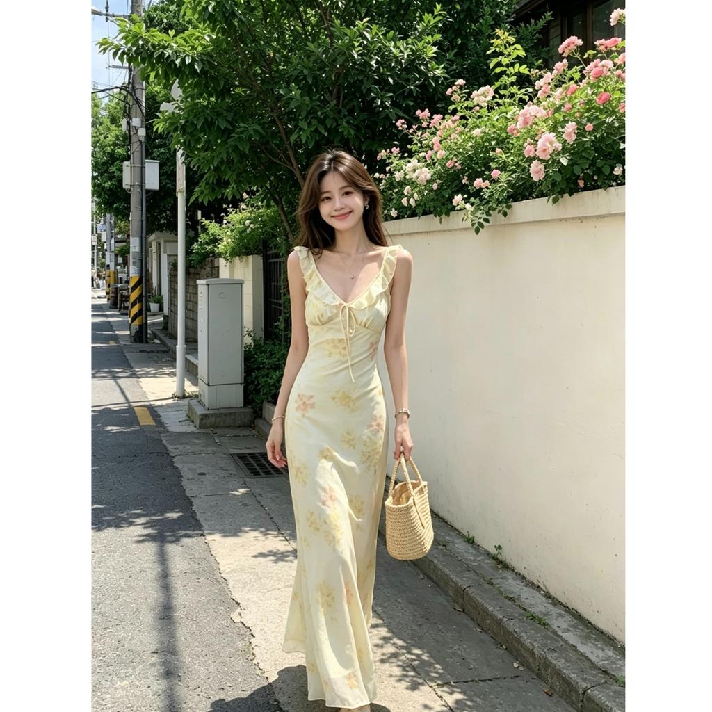 French V-neck sleeveless floral dress for women's 2026 summer new high-end waist and thin temperament printed long dress