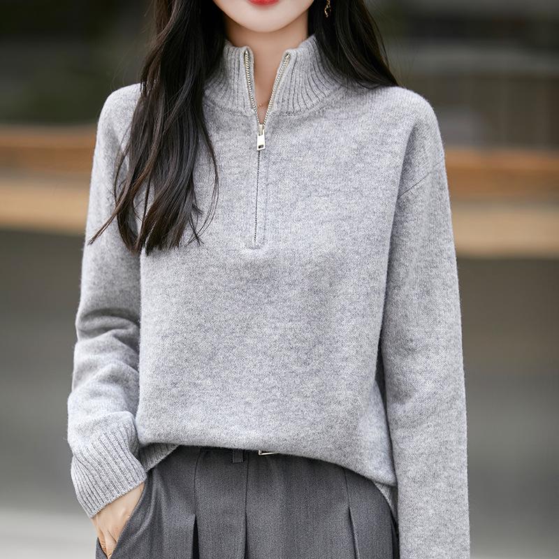 Women's Half-High Collar Zipper Wool Sweater - Loose Fit, Versatile Long Sleeve, Solid Color Base Layer for Autumn & Winter