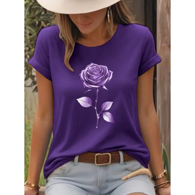 T-shirt ze wzorem złotych róż, krótki rękaw, casualowy top z okrągłym dekoltem, odzież damska na wiosnę i lato