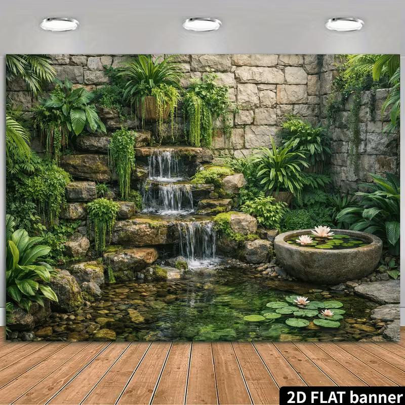 Sfondo Fotografico Banner Cascata Serena Stagno Muro di Pietra Vegetazione 2D