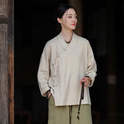 Women Vintage Shirts Tops Solid Color Chinese Style Blouses Button Cloths Fall Female Shirts