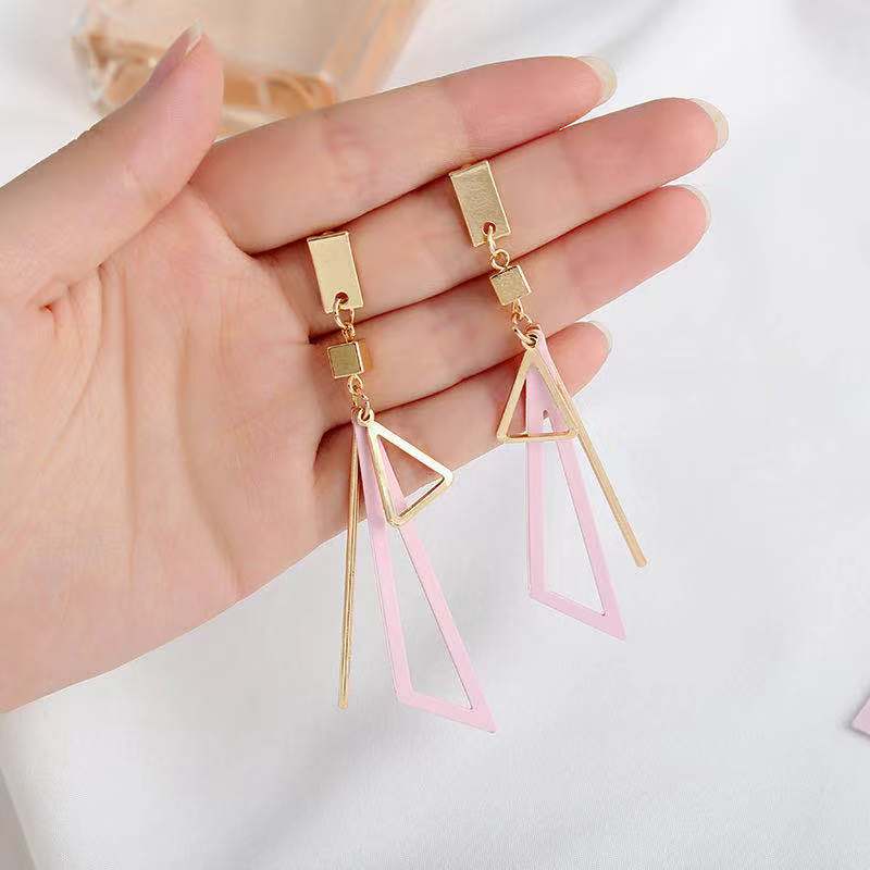 Boho Triangle Hang Earrings for Women Pink Green Hollow Geometric Statement Tassel Earrings Elegant Party Ear Jewelry