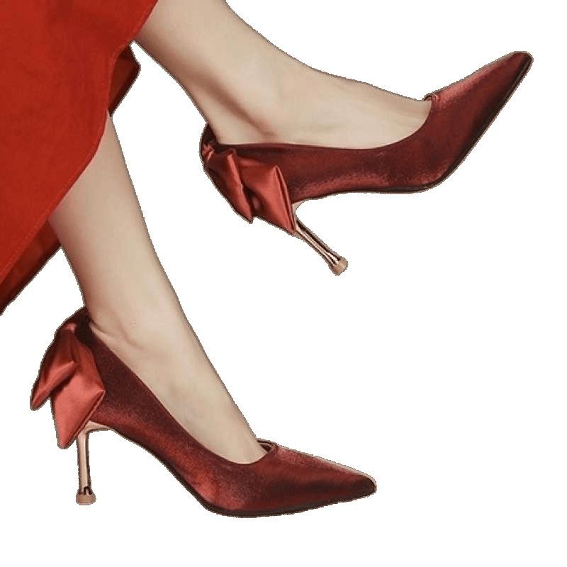 Thin heel red wedding shoes Xiuhe wedding dress two wear white high heels women's niche design sense bow pointed single shoes