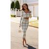 Fall Elegant V Neck Gingham Long Sleeves Short Midriff Outfit Tops Silm Sexy Sheath Skirt Knitting Suit Women