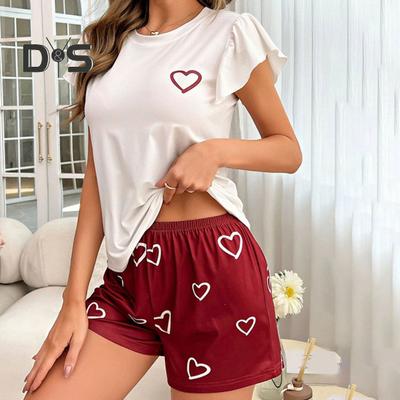 Women Ruffle Cap Sleeve Pajama Set Heart Print Top And Shorts Sleepwear Set Summer Casual Two-Piece Nightwear Lounge Set