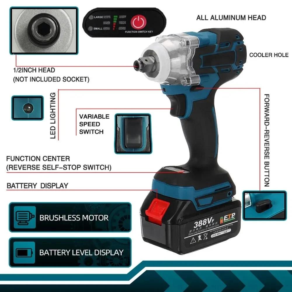 520N.m Cordless Electric Impact Wrench Brushless Electric Wrench Hand Drill Socket Power Tool For Makita 388V Battery