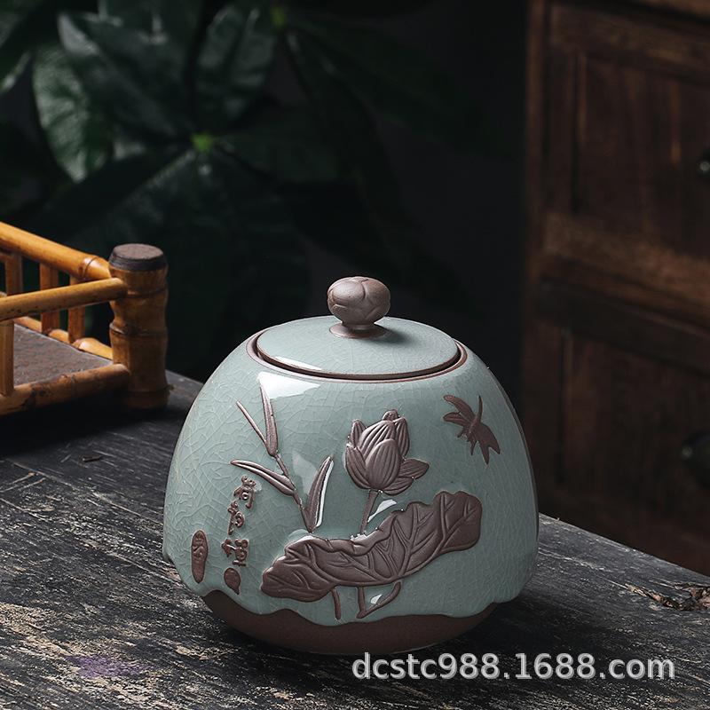 Ceramics Ge kiln Song porcelain tea jar, large sealed storage jar, vintage relief tea packaging jar, gift ice crack glaze
