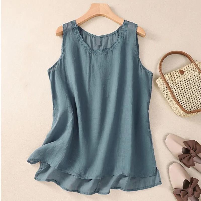 Canottiera da donna estiva a vestibilità larga, vintage, senza maniche, ricamata: Top Monocolore Leggero e Artistico con Spalline Sottili