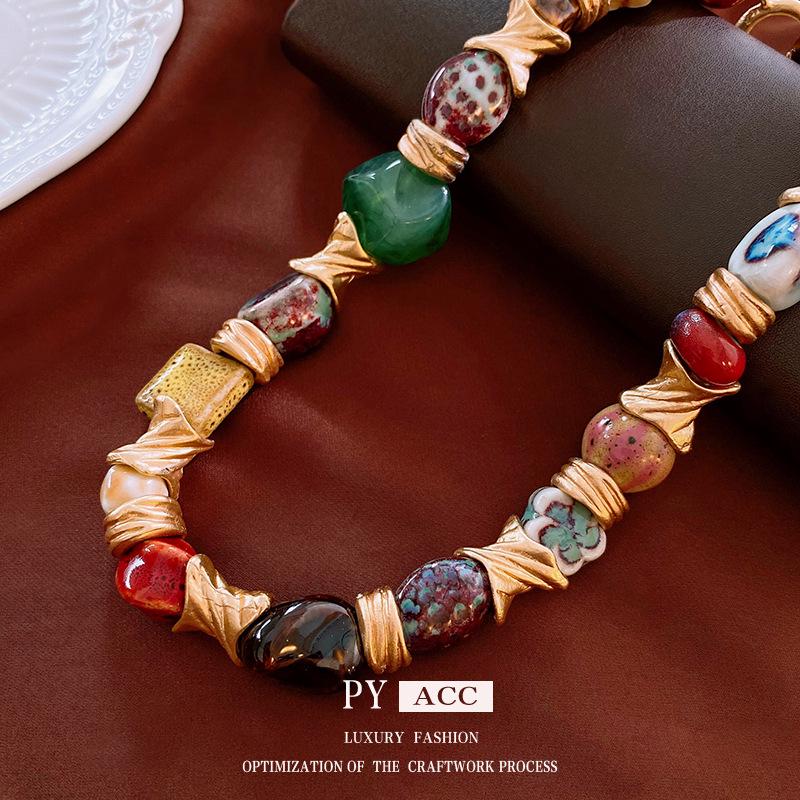 Vintage Geometric Floral Ceramic Necklace - Retro Style Clavicle Chain Jewelry