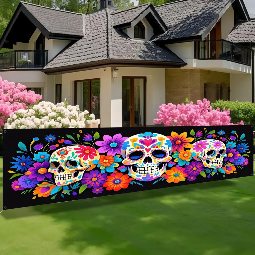 1Pcs Day of The Dead Sugar Skull Banner Floral Pattern Dia De Los Muertos Outdoor Patio Halloween Party Wall Decor