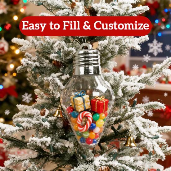 Clear Plastic Fillable Ornaments Christmas Bulb Shape Storage Jar, Transparent Refillable Light Stocking Stuffers Ornament, Tree Pendant for