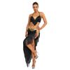 Womens Fringed Dance Outfit Halter Top Lace Up Gold Trim Crop Top Irregular Hem Slit Tiered Skirt