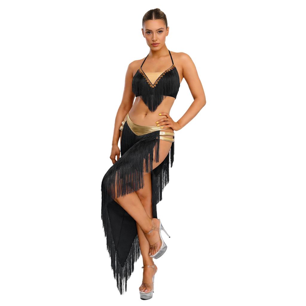Womens Fringed Dance Outfit Halter Top Lace Up Gold Trim Crop Top Irregular Hem Slit Tiered Skirt