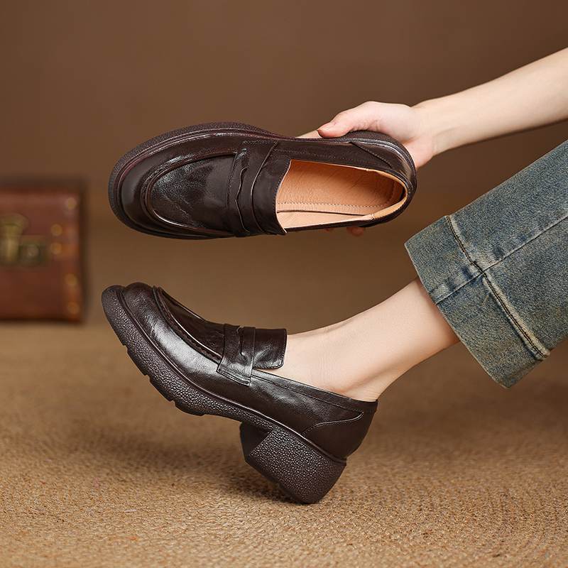 Krazing Pot Sheepskin Autumn Winter Shoes Slip on Chunky Heels Oxford Shoes Size 43 Round Toe Deep Mouth Waterproof Pumps
