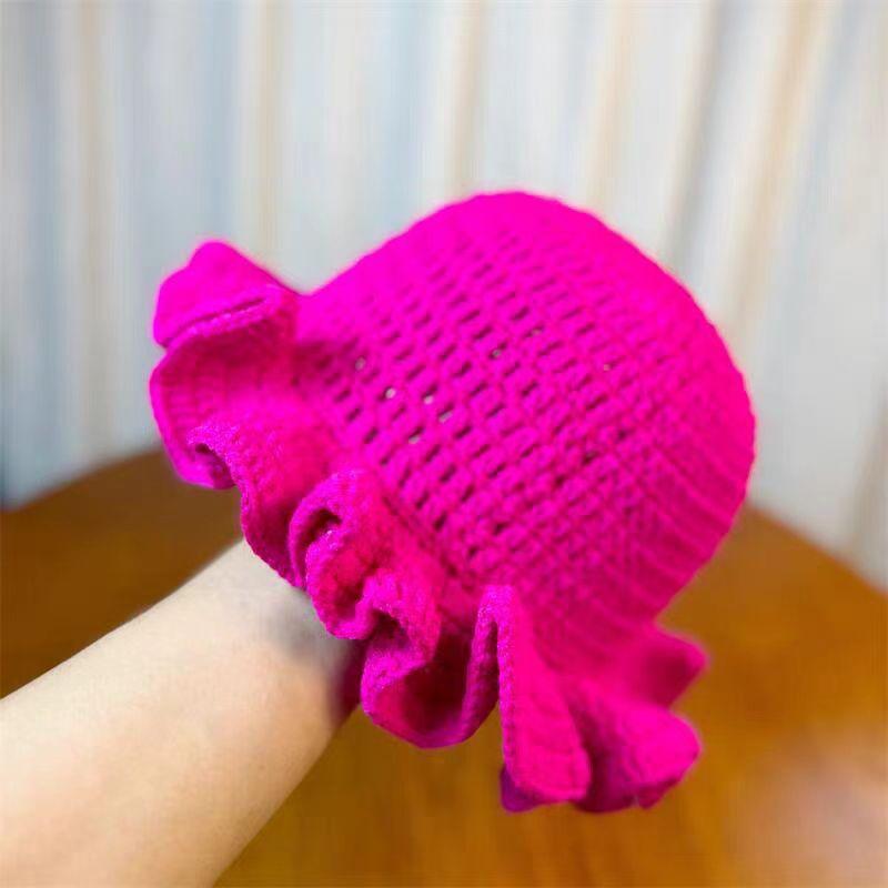 Handmade Crochet Knitted Bucket Hats for Women Outdoor Colorful Ruffled Brim Winter Women s Knitted Beanie Hat for Girl adult малиновый