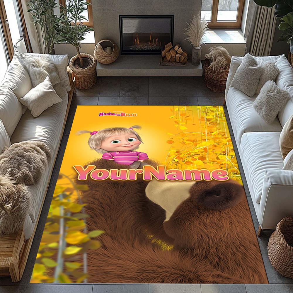 Masha Bear Customize Text Floor Rug Office Rug Design for Study Room Game Room Decorate Room Entryway Anti-slip Rug Decorate Offices