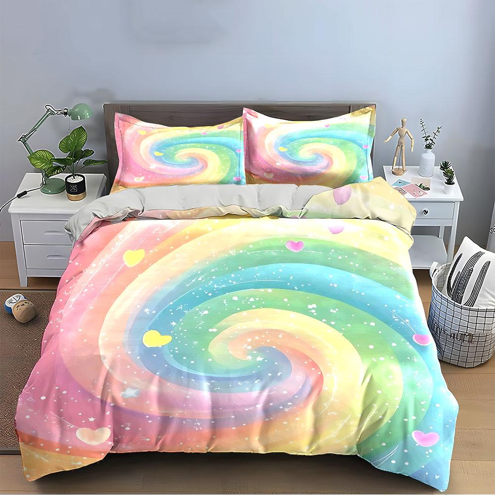 Colorful Swirl with Hearts Bedding Duvet Cover Set Duvet Cover Pillowcases (1*Duvet Cover 2*Pillowcases, Without Duvet Insert)