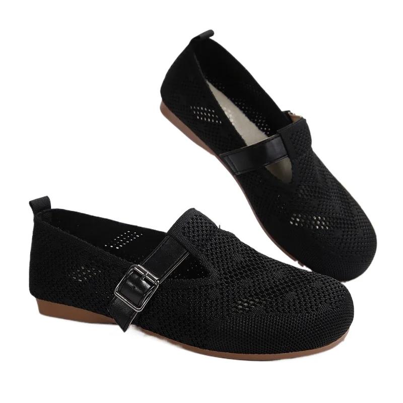 2024 Spring and Autumn Fashion Women's Shoes New Round Toe Solid Color Low Heel Mesh Breathable Buckle Women's Flat Shoes