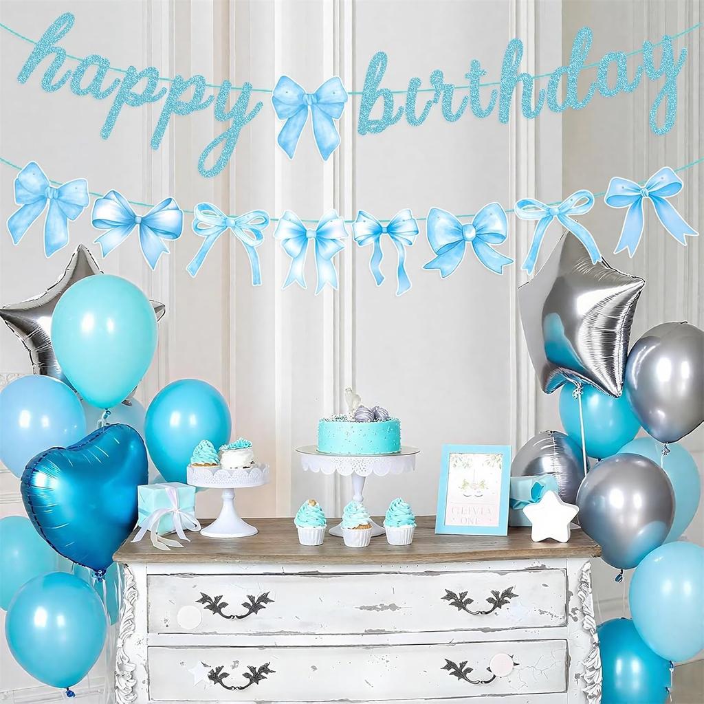 Blue Bow Happy Birthday Banner with Bow Garland for Baby Shower Girls Women Blue Bow Themed Coquette Birthday Party Decorations