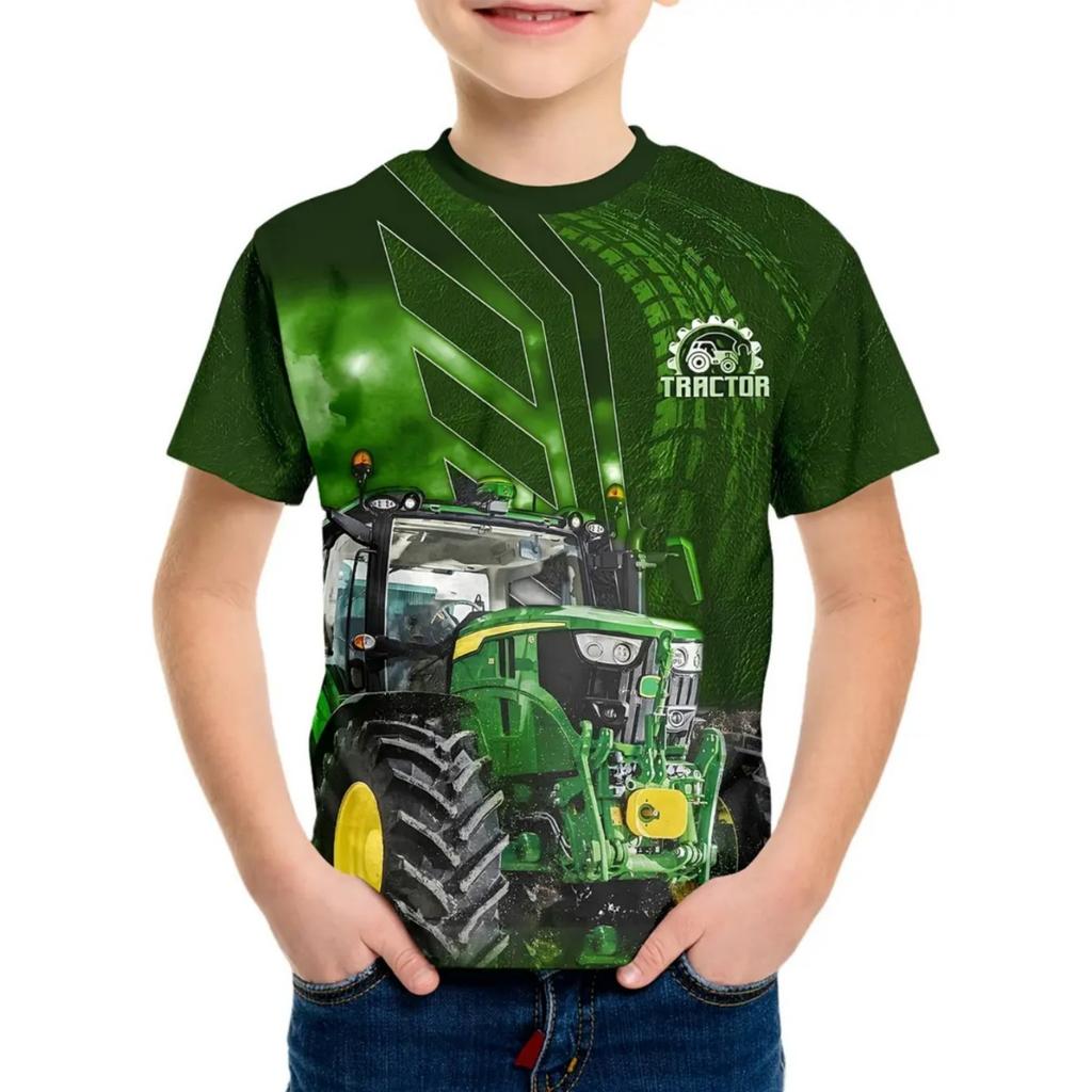 Fed 3D Traktortryk Børnetøj Drenge T-shirt Kortærmet Mode Børne Sommertøj Udendørs Aktive Børnetøj